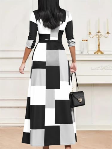 Image of CaniBtr Maxi Dresses for Women Plus Size 3 /4 Sleeve Long Dress with Belt | Versatile plus-size maxi dress,wrap v-neck + waist tie craft soft glamorous looks easily for everyday casual outings