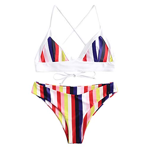 ZAFUL Women's Colorful Striped Back Criss Cross Lace-up Bathing Suit Rainbow Triangle Bikini