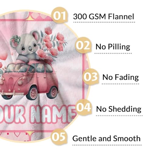 Personalized Koala Blanket Gifts with Name - 60"x80" Cute Throw for Women, Girls - Pink Soft Fuzzy Blankets for Bed, Couch & Living Room