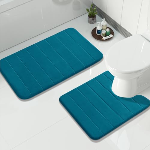 Image of Yimobra Memory Foam Bath Mat Set 2 Piece - Super Soft Absorbent Quick Dry Bathroom Toilet Rugs, Machine Washable Non Slip Floor Carpet for Tub Shower & Single Sink (31.5x20 & 24x20, Peacock Blue)