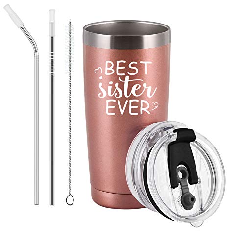 Gingprous Best Sister Ever Travel Tumbler, Sisters Birthday Gifts from Sister Brother Sister in Law Travel Tumbler, Stainless Steel Insulated Travel Tumbler with 2 Lids and Straws(20 Oz, Rose Gold)