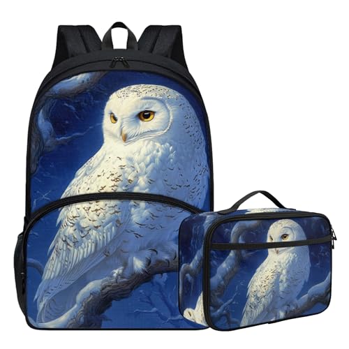 Snowy Owl Print Boys Backpack for School with Insulated Lunch Bag Student Comfy Padded Back Smooth Zipper 17 Inch School Bookbag for Boys Backpack with Lunch Box2