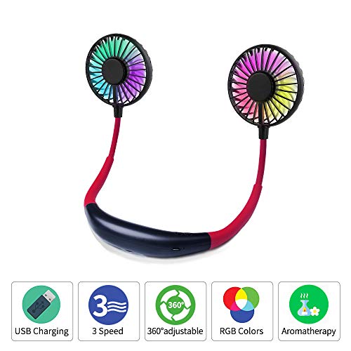 U-picks Hands-Free Fan, Portable Neckband Fan, Upgraded USB Rechargeable Mini Dual Neck Fan with LED Light, 3 Speeds Modes & 360 Rotating for Sports Traveling & Office