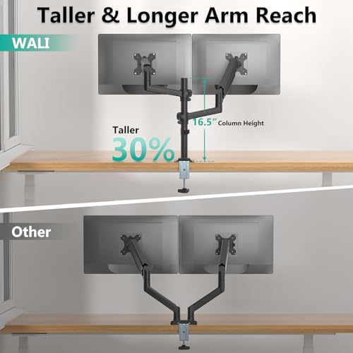 Image of WALI Dual Monitor Mount, 13-32 Inch Adjustable Spring Dual Arm for Desk Holds Max 19.8 lbs Screens, Swivel Vesa Bracket with C Clamp, Grommet Mounting, Arms for 2 Monitors (GSDM002)