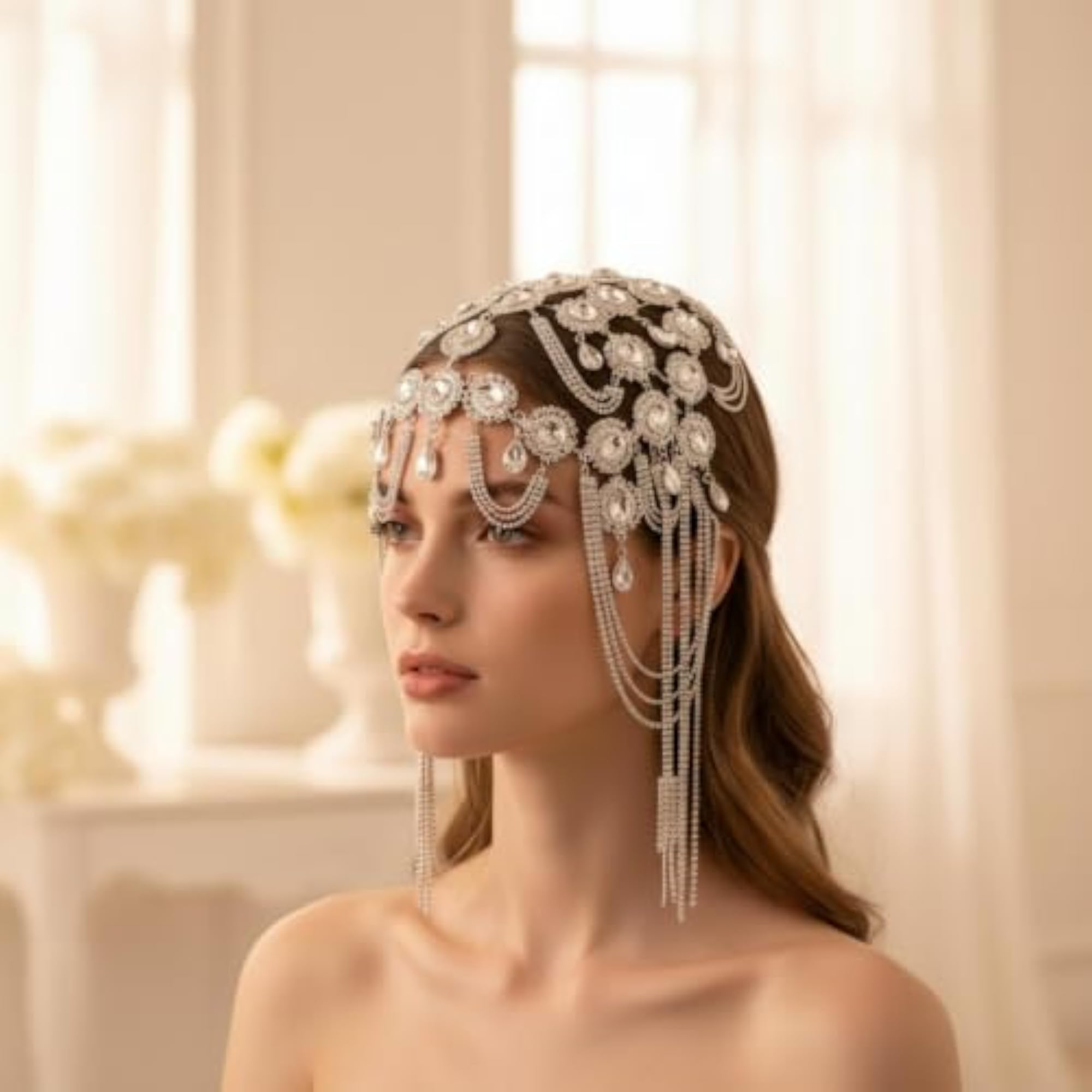 Silver-Tone Rhinestone Hair Headpiece with Tassels