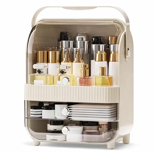 Image of JIALTO Large Cosmetic Organizer Box with Handle - Dustproof Makeup Storage Cabinet with Drawer, Skincare & Perfume Organizer for Vanity, Dressing Table & Bathroom Countertop (37x29.5x20 cm, Cream)