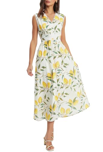 Ladyful Women's Floral Lemon Print Sleeveless Maxi Dress Summer V Neck Elastic High...
