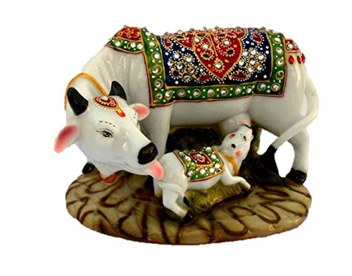 Image of JIYANSH Creation Kamdhenu Cow and Calf Statue for Home Decor - Handcrafted Polyresin Marble Finish Vastu Showpiece for Living Room Pooja Mandir - Large 6 Inch (White Gold)