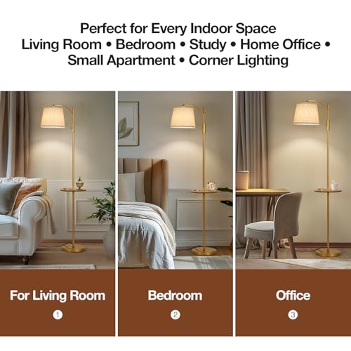 Image of AIDENOEY Fully Dimmable Floor Lamp for Living Room，Standing Lamp Rotary Switch with Table&Linen Beige Shade，Golden Tall Lamps for Bedroom with Adjust Head，9W LED Bulb Included