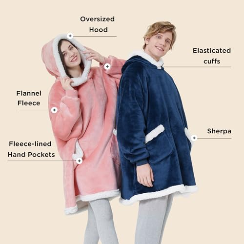 Bedsure Blanket Hoodie, Wearable Blanket for Adults & Kids as Gifts for Women Men, Birthday Gifts for Women Mom Girl Sherpa Oversized Hoodie, Navy, Small