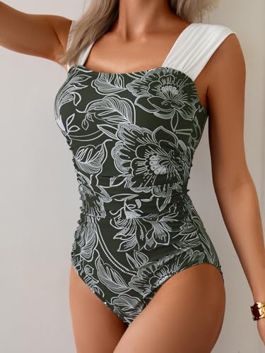 Image of B2prity Womens One Piece Swimsuit Retro Square Neck Tummy Control Bathing Suits Ruched Modest Full Coverage Swimwear