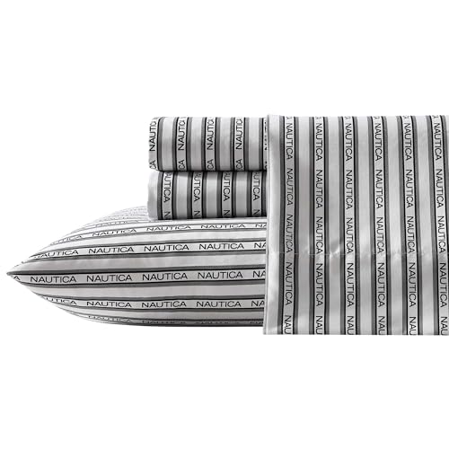 Image of Nautica - Full Sheet Set, Breathable & Cooling Microfiber Bedding with Matching Sham(s), Casual Bedding Set (Striped Nautica Logo Grey, Full)