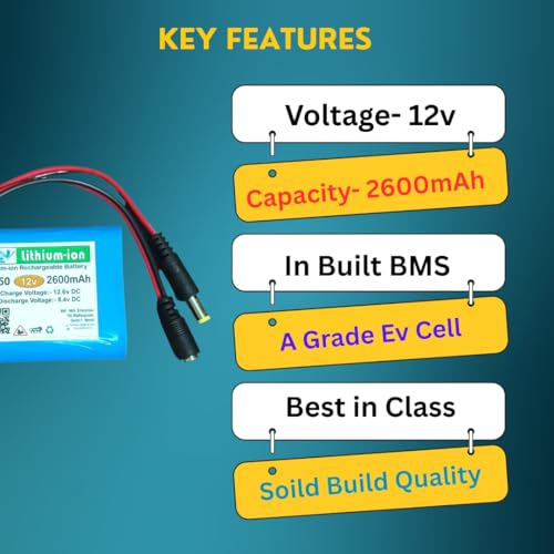 Image of 12V 2600mAh Rechargeable Lithium-ion Battery Pack with BMS | for LED Lights, DIY Projects, Robotics, CCTV & Solar Applications