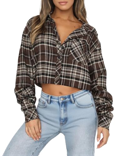 Lacozy Womens Buffalo Plaid Flannel Cropped Shirt Long Sleeve Collar Button Down Blouses Crop Tops Coffee L