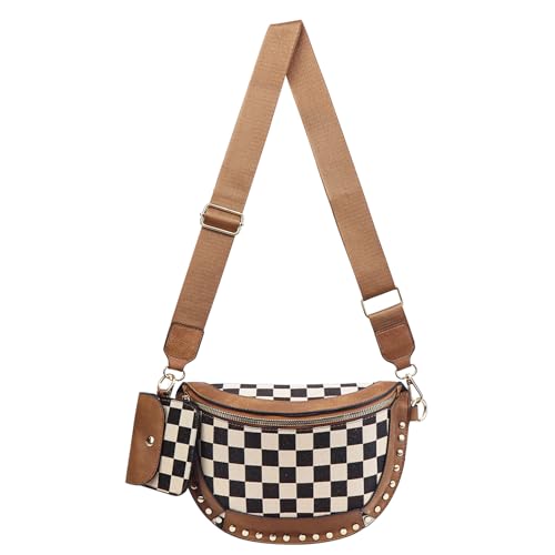 Checkered Crossbody Bag Bum Bags for Women Checkered Purse Plaid Womens Cross Body Purses Checkerboard Fanny Pack (D2 Brown)