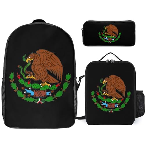 Mexican Flag Symbol Classic Backpack Lunch Bag Pencil Case 3 Piece Set Travel Daypack
