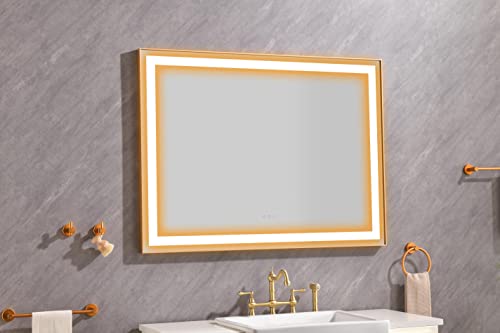 HXUHUWS LED Lighted Bathroom Wall-Mounted Mirror for Enhanced Grooming, Anti-Fog Technology, Gold Finish, 48 x 36 Inches