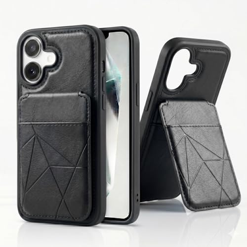 Image of amazon basics Premium Vegan Leather Back Cover with Card Holder and Integrated Mobile Stand for iPhone 16 - Slim Shockproof Wallet Case with Geometric Stitching [Black]