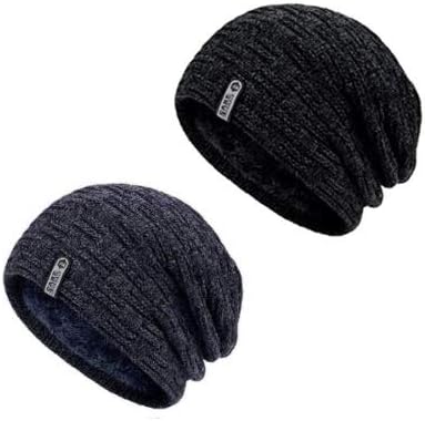 Pack of 2 (1 Black & 1 Navy Blue) Winter Beanie Hat for Men and Women, Slouchy Warm Fleece Lined Knit Cap