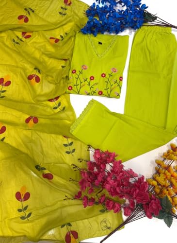Image of Traditional Floral Embroidered Cotton Kurta Set with Dupatta