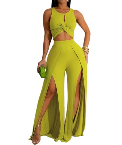 Ekaliy Women's 2 Piece Outfit Sexy Crop Tank Top and High Split Wide Leg Pants Sets Elegant Going Out Suit