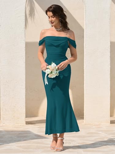 Image of KUTUMAI Off The Shoulder Maxi Long Dress Corset Ruched Bodycon Cocktail Formal Wedding Guest Dresses for Women