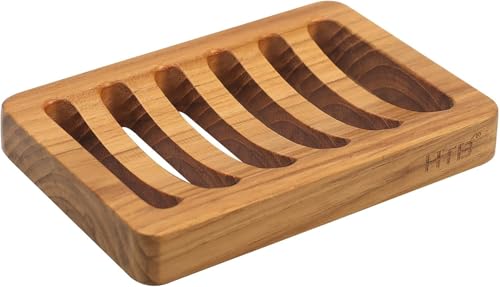 HTB Seifenhalter mit Schlitzen, Teakholz aus Holz, Küche, Schwammhalter, selbstentleerende Seifenschale für Dusche, Waschbecken, Badezimmer, Badewanne, Wohnmobil 1