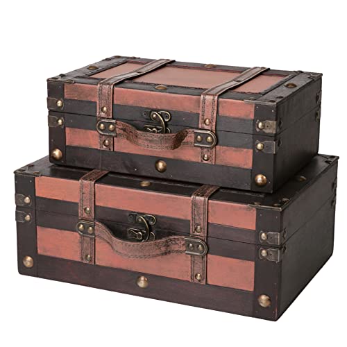 Vintage Wooden Treasure Chest Suitcases - Set of 2: Decorative Storage Trunks with Hinged Lids, Memory Boxes for Keepsakes, Pirate Chest, Wooden Trunk, Vintage Suitcase Décor (Crawford)