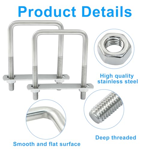 Image of 2 Stainless Steel Square U-Bolts, Inner Width 2.4 inch(60mm), Length 3.9 inch(100mm), M8 304 Stainless Steel with Frame Plates and Nuts for Light Industry, Metallurgy, Construction, Shipping