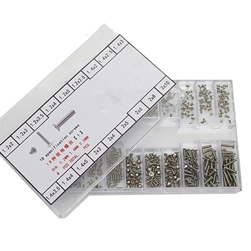 18 Sizes Stainless Steel Mini Screw 1.2mm 1.4mm 2.0mm Diameter Assortment for Watch Back Case Eyeglasses Accessories