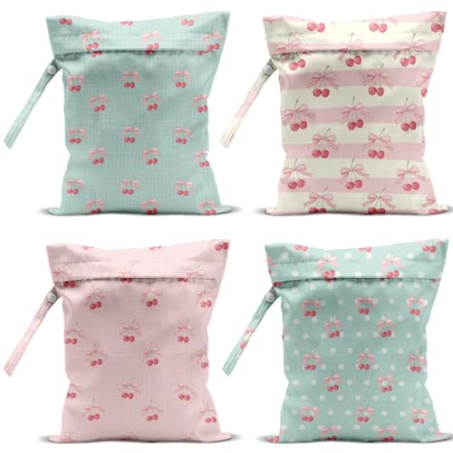 Image of VBCVBGFH 4 Pack Cute Stripe Bow Cherry Wet Bag Waterproof Washable Reusable Wet Dry Bag for Swimsuit Dirty Clothes Soiled Items Cloth Diaper Travel Beach Pool Yoga Gym Toiletries Travel Essentials