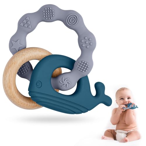 Vicloon Beißring Baby, Beißspielzeug Zahnungshilfe aus Silikon & Holz, BPA-frei, Waltierform, Zahnen Nursing Zubehör für ab 3 Monaten Babys, Mädchen Junge Geschenk (Wal-Blau)