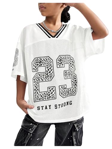 Image of BEAUDRM Girl's Jersey Shirts Leopard Number Print Jersey Shirt Cheetah V Neck Half Sleeve Oversized Tee Tops