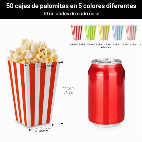 Miniatura 2 de Nadisean 50 Piezas Cajas Palomitas,Caja Palomitas En 5 Colores,Mini Caja Palomitas Carton,Cajas Palomitas Carton A Rayas,Caja De Palomitas De Maíz,Contenedor De Dulces Para Noches De Cine Y Fiestas