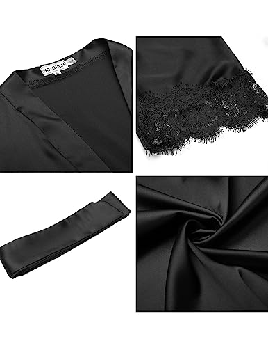 Hotouch Women's Lace Trim Kimono Robe Nightwear Nightgown Sleepwear Satin Short Robe Black S #TOP4