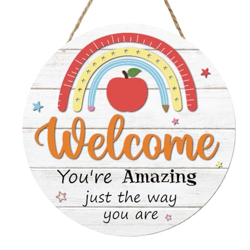 Welcome to Our Classroom Sign Wood Hanging Plaque,Inspirational Welcome Sign You're Amazing Wall Decor for Classroom Nursery,Back to School Door Wall Decor