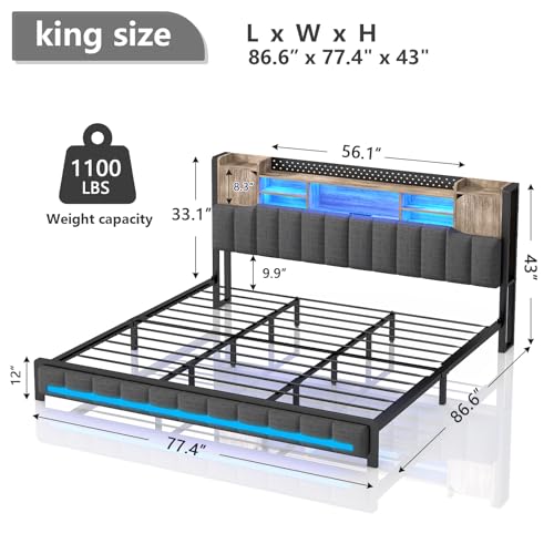 CSZZD King Size Bed Frame and Bookcase Storage Headboard, LED Upholstered Platform Bed Frame with USB Charging Station, Heavy Duty Metal Slats, No Box Spring Needed, Easy Assembly, Oak Gray - Thumbnail 2
