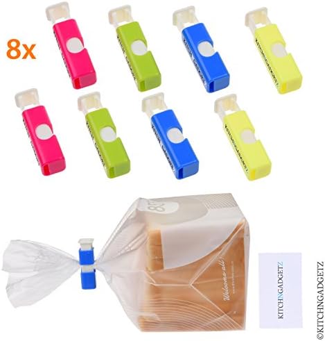 Bag Cinch Clips - 8 Pack - Easy to Use - Spring-Loaded Design - Reusable - Bright Colors (Blue, Pink, Yellow and Green) - Ideal for Sealing Bags to Keep Food Fresh - Can Also be Used in the Freezer