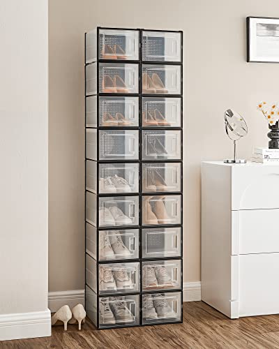 Image of SONGMICS Shoe Boxes, Pack of 18 Shoe Storage Organizers, Stackable Clear Plastic Boxes for Closet, Sneakers, 13.7 x 9.9 x 7.4 Inches, Transparent and Black ULSP007B18