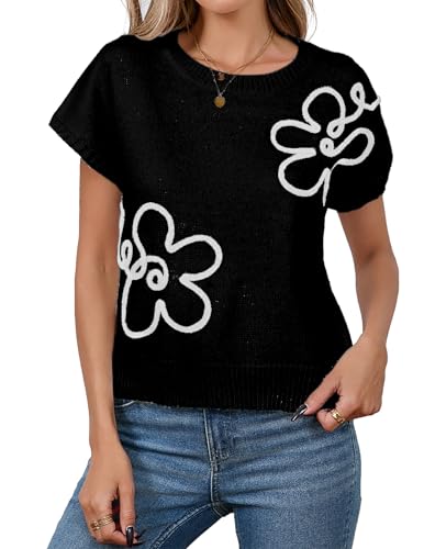 Womens Cute Flower Cap Sleeve Sweater Vest Spring 2025 Lightweight Ribbed Knit Crewneck Knit Top