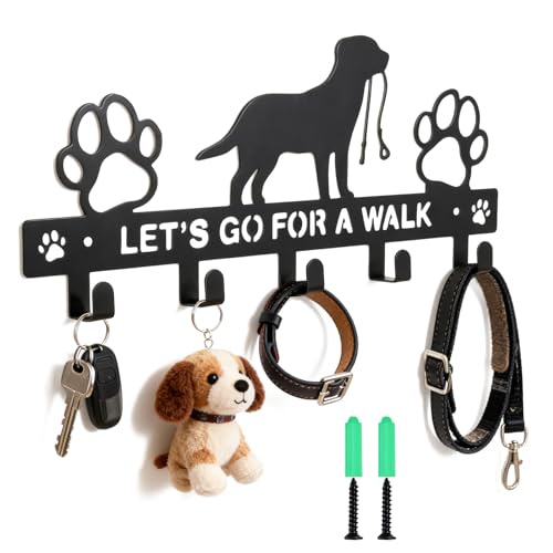 Hundegarderobe mit 5 Haken und 'LET'S GO FOR A WALK' Aufschrift, Metall Schlüsselhalter und Leinenhalter Wand, Dekorativer Wandhaken für Hundeaccessoires, Kleiderhaken für Flur, Bad, Schlafzimmer, Küc