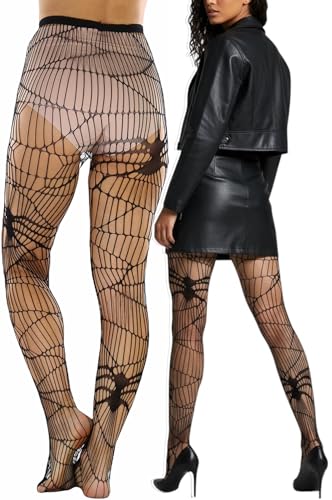Image of ToBeInStyle Women's Spiderweb & Crawling Spider Print Hosiery Tights & Thigh High Stockings