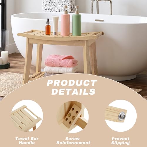 Image of Bamboo Shower Bench Stool,24 inch Shower Chair Seat Non-Slip,Waterproof Bathroom Bench with Storage Shelf for Adults,Elderly, Disabled Indoor&Outdoor Use (Natural)
