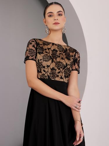Image of Miss Chase Women's Round Neck Cap Sleeves Lace Knee -Long Skater Dress