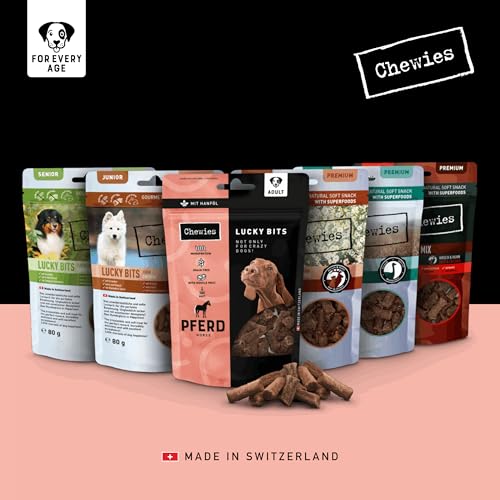 Chewies Lucky Bits Pferd Adult Hundeleckerli - Hunde-Leckerlis getreidefrei & Soft mit viel Protein und Superfoods wie Bierhefe oder Ginkgo, ohne Zucker (80 g)