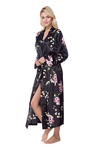 Lavenderi Women's Long Classic Satin Kimono Lounge Bathrobe Robe(X-Large,Black AOP)