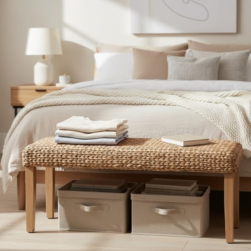 Image of Solid Wood Acacia Indoor Bench with Natural Woven Seat, 47 Inch Wood Bench for Living Room or Entryway Bench, Bedroom End of Bed Bench or Dining Benches, Window Bench (Fishbone, Water Hyacinth)