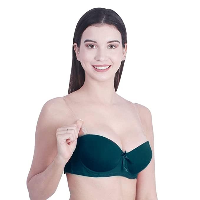 Image of Brachy Women Cotton Nylon Spandex Padded Underwire Strapless Backless Invisible Clear Transparent Back Push up Bra with (Free Extra Transparent Strap)