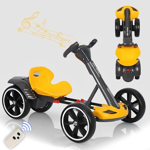 GHRERTX Go Kart eléctrico for niños, Carrito Drift Go de 6 V con Asiento Ajustable, música y Luces, Coche Plegable for niños con Modelo de Marcha atrás, Go-Kart con Pedales(Yellow)