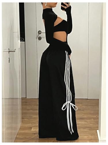 SOLY HUX Women's Striped Side Bow Knot Pants Elastic Waist Baggy Wide Leg Long Pants2